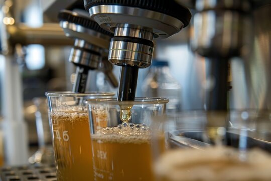 Scientific Precision in Brewing: Examining Yeast Samples Under a Microscope in a Brewery Lab