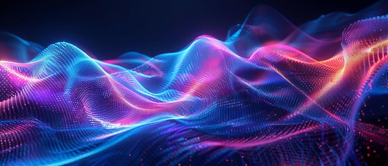 Create a 3D landscape using blue and pink glowing particles. The landscape should be illuminated from below and have a futuristic and alien feel.