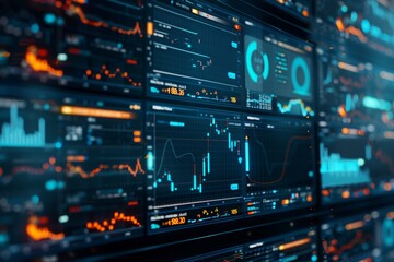 Obraz premium Detailed Visualization of Market Trends and Data Analysis on a Large Digital Screen