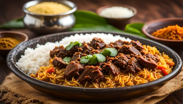 Spicy red beef fry curry and brown rice South Indian dish Kerala, India. side dish of Ghee rice, Appam, Parotta, Puttu.
