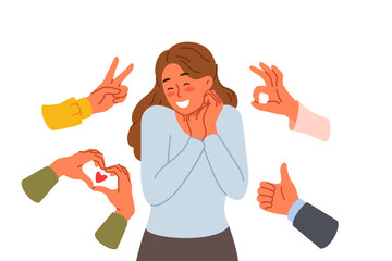 Confused woman receiving public approval and supportive feedback, standing among hands with positive gestures. Approval and love from fans for influencer girl enjoying popularity in society