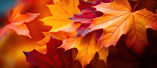 Fototapeta premium Maple leaves in autumn displaying a stunning gradient of color Copy space image