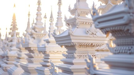 A row of white pagodas with a sun shining on them