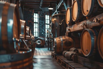 Traditional Brewing Techniques Showcased in Modern Brewery Interior with Oak Barrels