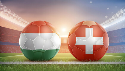 two footballs showcasing the colors of Hungary and Switzerland flags, capturing the anticipation and excitement of an international football match