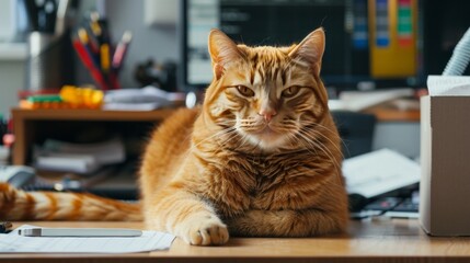A plump ginger cat sitting proudly at a desk, surrounded by office supplies, ready to tackle the day's tasks.