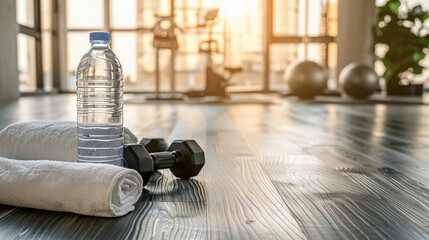 Sport, fitness, healthy lifestyle and bodybuilding concept - close up of bottle with water, towel, dumbbells on wooden floor in gym background. horizontal banner