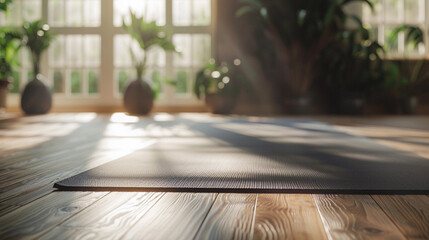 Unrolled yoga mat on wooden floor in modern fitness center or at home with big windows, comfortable space for doing sport exercises, meditating, yoga equipment. wellness concept