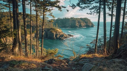 a beautiful landscape with a view of the sea, rocks and trees