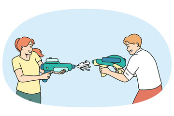 Happy couple shooting with water guns. Smiling man and woman have fun with plastic watergun toys. Entertainment and leisure. Vector illustration.