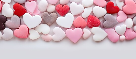 A white natural marble background adorned with a plethora of red and pink hearts providing ample copy space for images