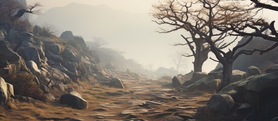A misty trail meanders through a foggy scene adorned with leafless trees and rugged boulders providing an ideal copy space image - Powered by Adobe