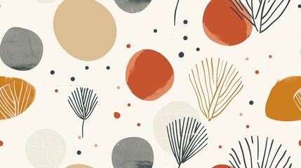  boho earth tone line dot and free form shape abstract background seamless pattern, cheerful optimistic , Generative Ai © QuietWord