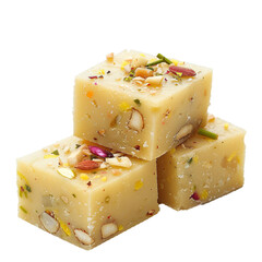 Milk powder barfi also known as Mava burfi toped with nuts, isolated on white background.
