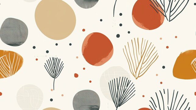  boho earth tone line dot and free form shape abstract background seamless pattern, cheerful optimistic , Generative Ai