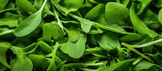 Fototapeta premium Close up of green arugula leaves with copy space image