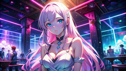 Anime girl in a vibrant nightclub with purple lights, exuding glamour and style