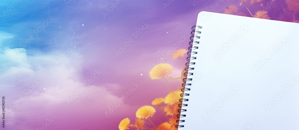 Poster colored background with a notepad placed flat providing ample space for an image to be added
