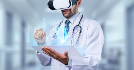 Skilled doctor using VR goggles and research about genetic while standing at lab. Professional...