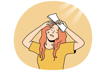 Unhealthy woman suffer from heatstroke on summer street. Unwell girl struggle with sweat during summertime. Vector illustration.