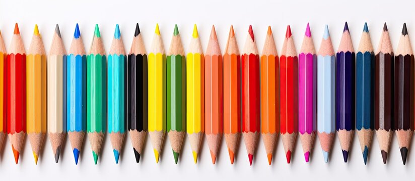 Colorful pencils and a pen are featured in the photo set against a white background The image provides copy space and relates to the concept of education