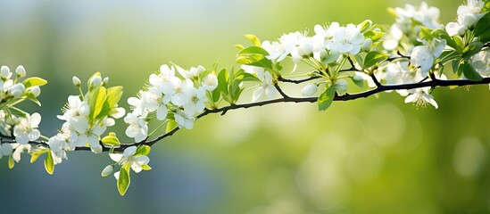 Obraz premium A serene spring day with a white blossomed apple branch set against a vibrant green backdrop of nature under the warm sun with a blurred background adds a pleasing copy space image