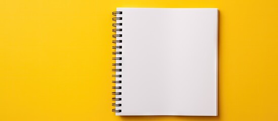Top down view of a bright yellow background featuring an open spiral squared notebook showcasing blank white sheets a binder and ample copy space for your use