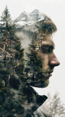 Double exposure combines a man's face, high mountains and forest. Panoramic view. The concept of the unity of nature and man. Dream, reminisce or plan a climb. Memory of a mountaineer
