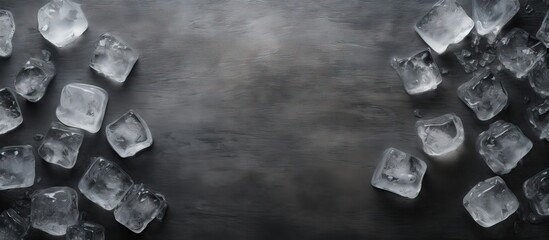 Grey table with ice cubes arranged in a flat lay composition creating ample empty space for adding text or other copy in the image