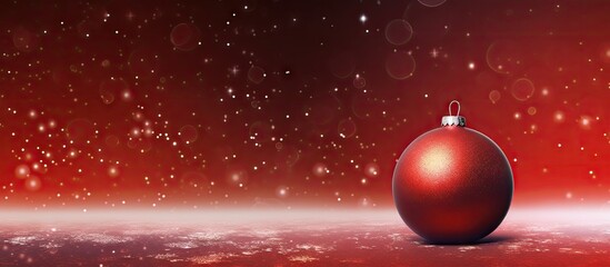 On a red snowy background there is a copy space image featuring a Christmas silver bauble and a star