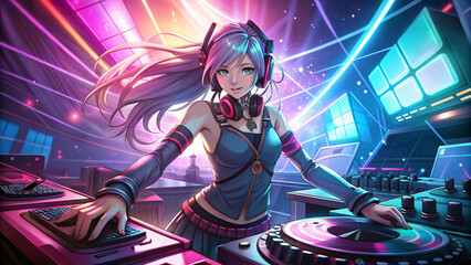 Anime DJ girl spinning disco lights and music at a nightclub party