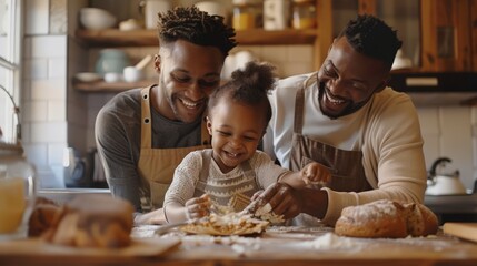Two dads and their child baking in a modern kitchen, smiling, family bonding