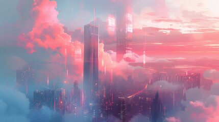 Obraz premium Minimalist cityscapes against digital clouds background