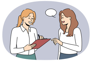 Smiling female interview with folder talk with passerby on road. Happy woman conduct survey on street. Poll and questionnaire. Vector illustration.