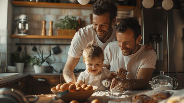 Two dads and their child baking in a modern kitchen, smiling, family bonding