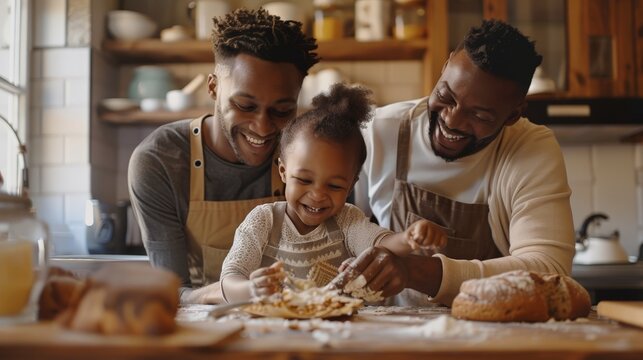 Two dads and their child baking in a modern kitchen, smiling, family bonding