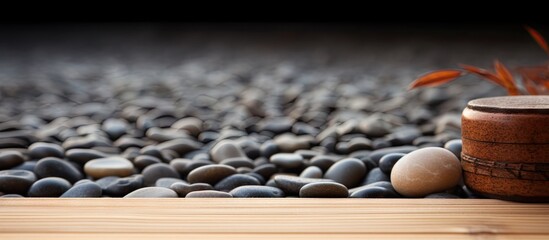 A wooden table is positioned on a bamboo mat contrasting with the texture of pebbles in the...
