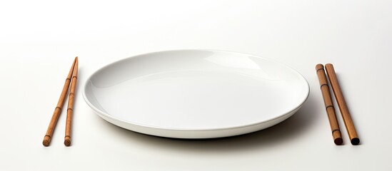 A white plate holds bamboo chopsticks in front of a white background leaving plenty of room for copy space image