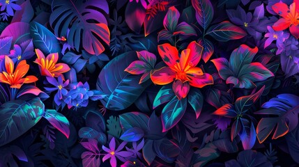 Neon-infused flora blooms in vibrant hues background