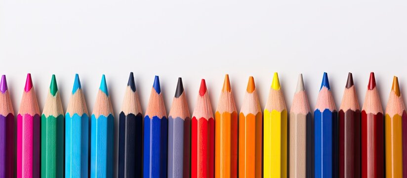 A vibrant array of rainbow colored wooden pencils is displayed in a close up horizontal view The pencils captured on a white background with a shallow depth of field create a visually striking copy s
