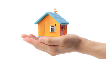 wooden home model in hands Isolated on transparent background