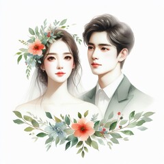 Korean couple in watercolor with flower ornaments, isolated on a white background - Asian couple in floral design for wedding cards