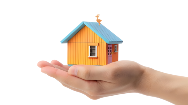wooden home model in hands Isolated on transparent background