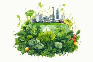 Illustrate a detailed watercolor painting of a bountiful vegetable harvest with a farm and silo in the background.
