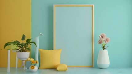 Minimalist Empty Frame Wall Decor with Pastel Colors and Potted Plants