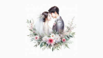 Korean couple in watercolor with flower ornaments, isolated on a white background with copy space to add text - Asian couple in floral design for wedding cards