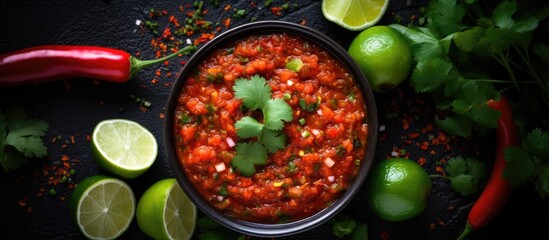 A top view of homemade spicy salsa sauce or dip with Mexican ingredients on a black background featuring a copy space image