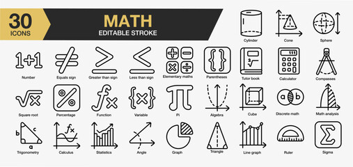Set of 30 Math icon set. Editable Stroke Icon Collection. Includes school, student, university, formula, science, and More. Outline icons vector collection.