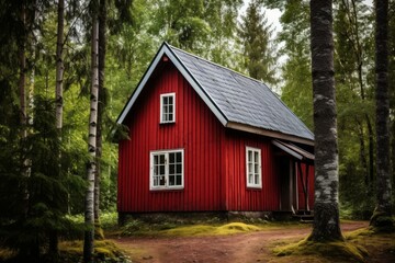 Fototapeta na wymiar Vibrant Small red wooden house in sun light. Country view tourism swedish rustic style. Generate Ai