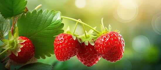 Closeup of a strawberry plant with ripe berries against a blurred background providing ample copy space for your image